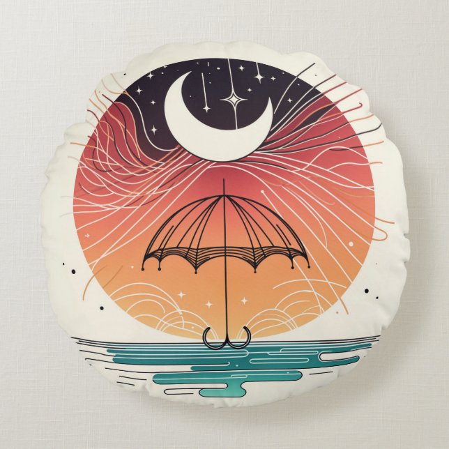 Celestial Moon Umbrella with Star Rain Art Round Pillow (Front)