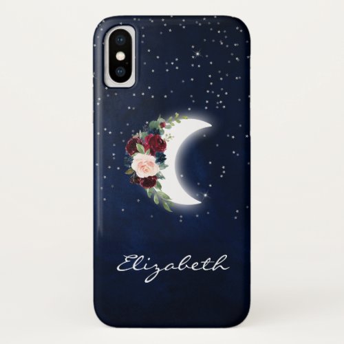 Celestial Moon Watercolor Burgundy Floral iPhone X Case