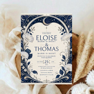 Celestial Moon Wedding Midnight Blue Art Nouveau Invitation