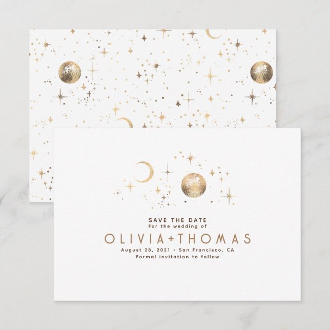 Celestial Moon White and Gold Save the Date (Front/Back)