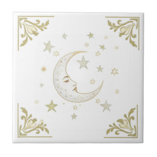 Celestial Moon with Face & Stars Gold White Delft Ceramic Tile