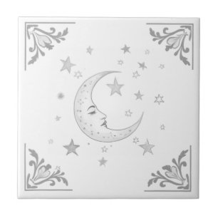 Celestial Moon with Face & Stars Silver and White Ceramic Tile
