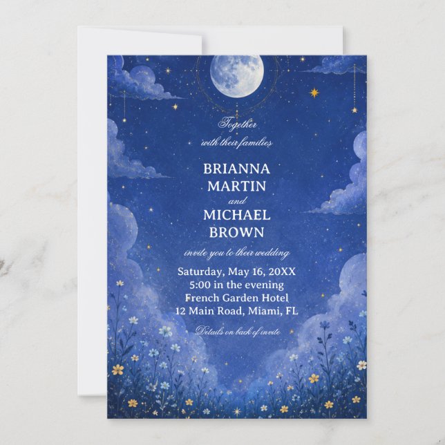 Celestial Moonlit Botanical Vintage Invitation (Front)