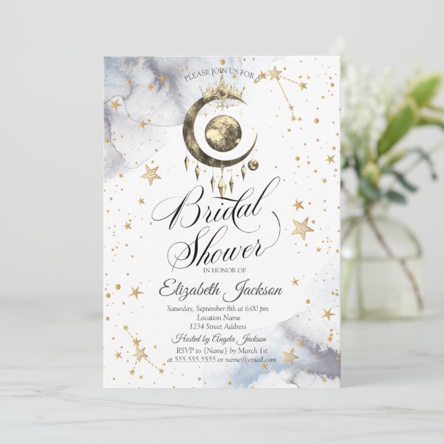 Celestial Moons,Crown,Stars Bridal Shower Invitation (Standing Front)
