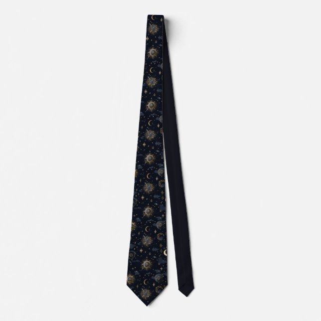 Celestial Moons & Stars Gold/Navy Neck Tie (Front)