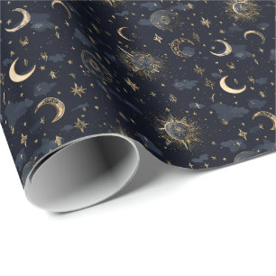 Celestial Moons & Stars Wrapping Paper Gold/Navy