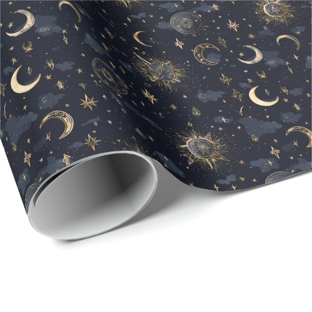 Celestial Moons & Stars Wrapping Paper Gold/Navy (Roll Corner)