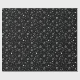 Celestial Moons & Stars Wrapping Paper Monochrome