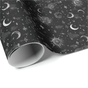 Celestial Moons & Stars Wrapping Paper Monochrome