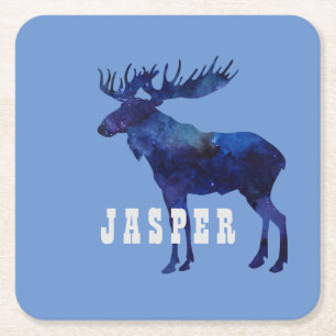 Celestial Moose Silhouette Custom Square Paper Coaster