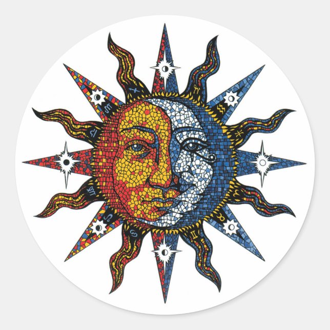 Celestial Mosaic Sun and Moon Classic Round Sticker (Front)