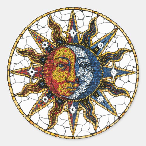 Celestial Mosaic Sun and Moon COASTER Classic Round Sticker