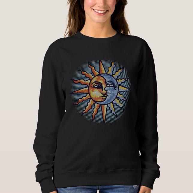 Celestial Mosaic Sun & Moon Faces Graphic Sweatshirt (Front)