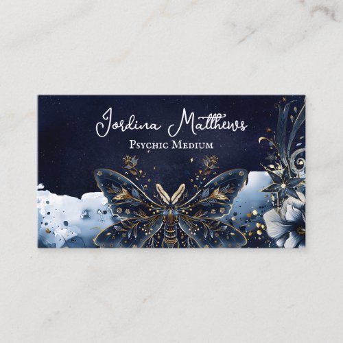 Celestial Moth Blue and Gold Night Sky Psychic Business Card