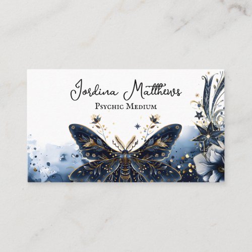 Celestial Moth Blue and Gold Psychic Business Card