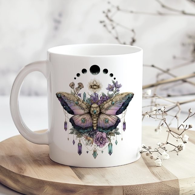 Celestial Moth Moon Phases  Giant Coffee Mug (Celestial Moth Moon Phases Giant Coffee Mug on a boho kitchen table with tiny white flowers.)