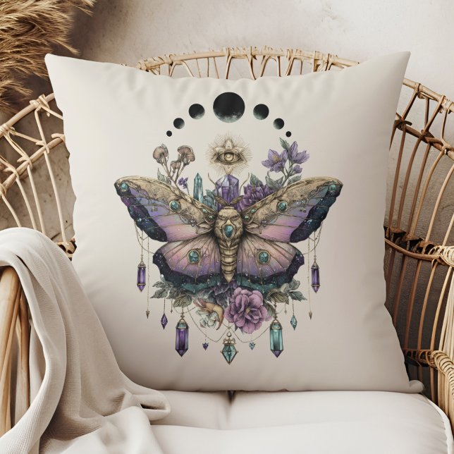 Celestial Moth Moon Phases Throw Pillow (Celestial Moth Moon Phases Throw Pillow in a boho rattan armchair)