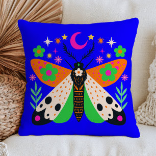 Celestial Moth on Blue Maximalist Floral Insect Throw Pillow