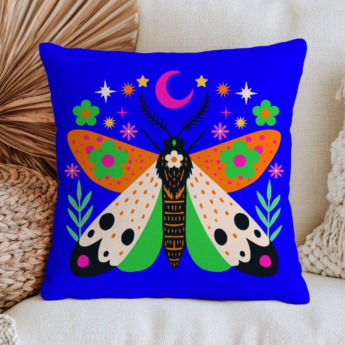 Celestial Moth on Blue Maximalist Floral Insect Throw Pillow