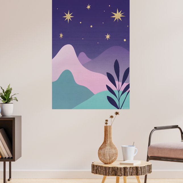 Celestial Mountain Night Sky Art Poster | Purple & (Living Room 3)