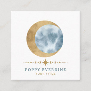 Celestial Mystic Moon Blue Gold Square Business Card