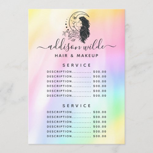 Celestial Mystic Moon Goddess Price List Menu