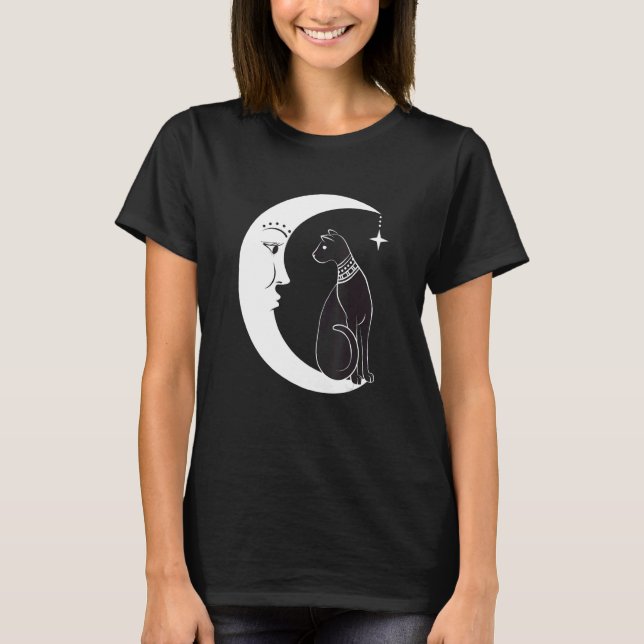 Celestial Mystical Black Cat Familiar Pagan Witchc T-Shirt (Front)