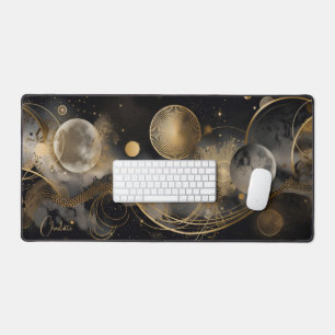 Celestial Mystical Black Gold Personalized Name Desk Mat