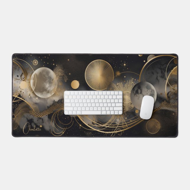 Celestial Mystical Black Gold Personalized Name Desk Mat (Keyboard & Mouse)
