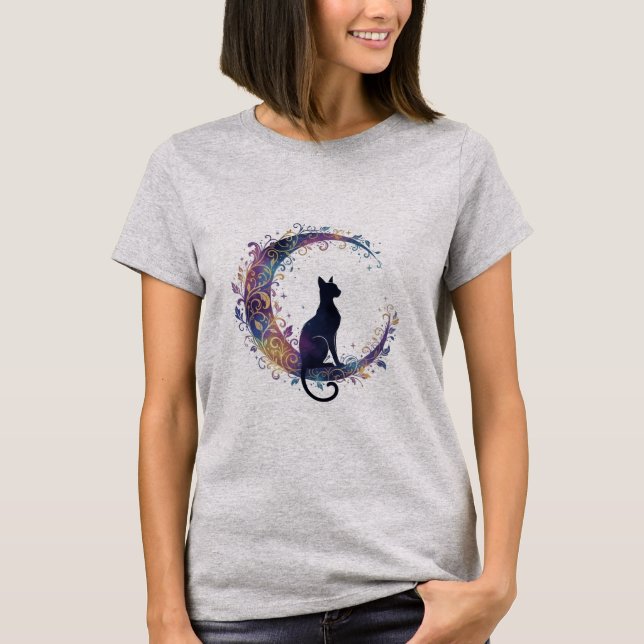Celestial Mystical Cat & Crescent Moon Art Tshirt (Front)