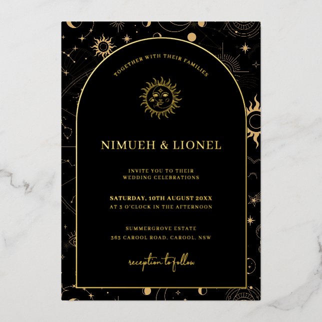 Celestial Mystical Elements Starsigns Wedding Foil Foil Invitation (Front)
