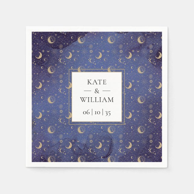 Celestial Mystical Gold Moons And Stars Wedding Napkins (Front)