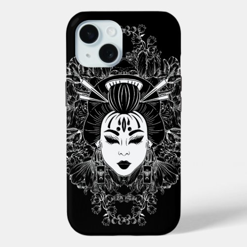 CELESTIAL MYSTICAL JAPANESE GEISHA SPIRIT ON BLACK iPhone 15 CASE