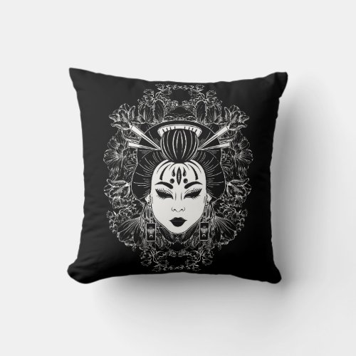 CELESTIAL MYSTICAL JAPANESE GEISHA SPIRIT ON BLACK THROW PILLOW