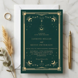 Celestial Mystical Moon Star Forest Green Wedding  Invitation