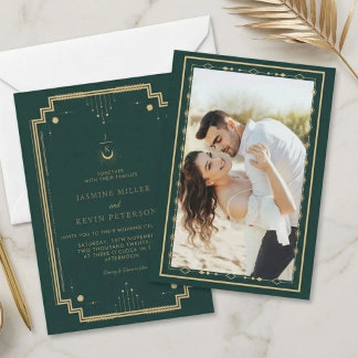 Celestial Mystical Moon Star Forest Green Wedding Invitation