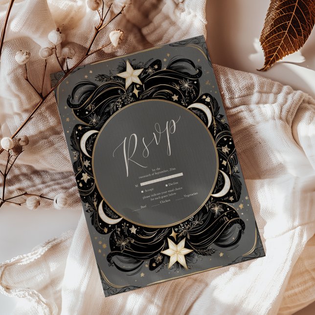 Celestial Mystical Moon Starry Night Boho Wedding RSVP Card (Creator Uploaded)