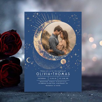 Celestial Mystical Moon Starry Night Wedding Photo Invitation by lovelywow at Zazzle