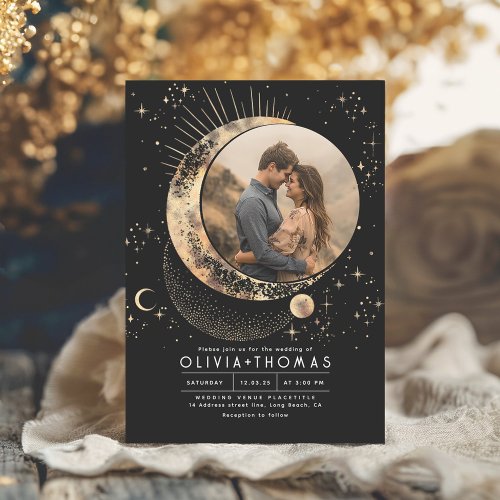 Celestial Mystical Moon Starry Night Wedding Photo Invitation