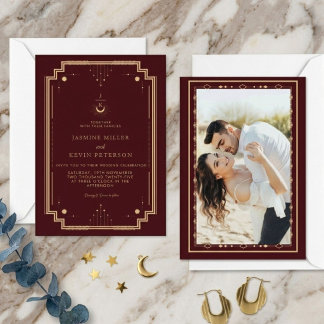 Celestial Mystical Moon Stars Burgundy Wedding Invitation