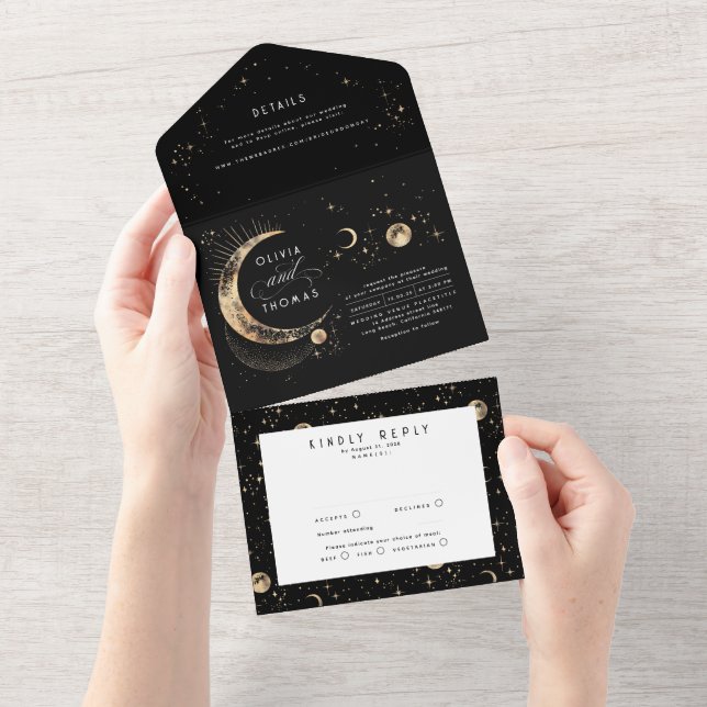 Celestial Mystical Moon Stars Halo Wedding All In One Invitation