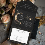 Celestial Mystical Moon Stars Halo Wedding All In One Invitation<br><div class="desc">This romantic black and gold all-in-one wedding invitation offers a breathtaking preview of the beauty that your special day will unfold. It combines the wedding invitation itself with a detachable RSVP card for guests to return, and a section detailing your wedding specifics, including your website. This elegant and compact design...</div>