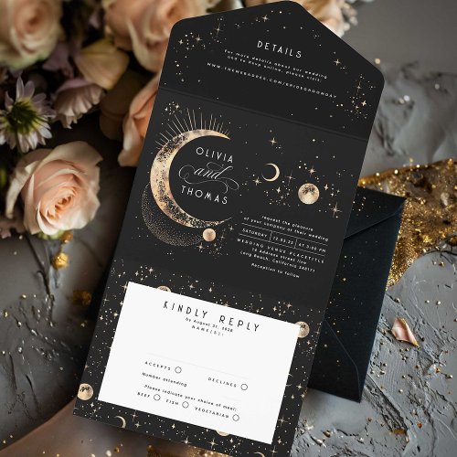 Celestial Mystical Moon Stars Halo Wedding All In One Invitation