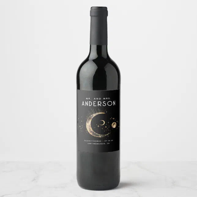 Celestial Mystical Night Sky Black Wedding Wine Label | Zazzle
