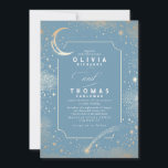 Celestial Mystical Stars Moon Dusty Blue Wedding Invitation<br><div class="desc">Get ready to sweep your guests off their feet with this enchanting celestial wedding invitation, which feels like it's plucked straight from the stars themselves! Imagine a breathtaking midnight sky, with a soft, dreamy dusty blue background that whispers of distant horizons and endless possibilities. A delicate golden crescent moon glows...</div>