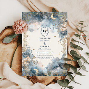 Celestial Navy and Gold Floral Wedding Invitation