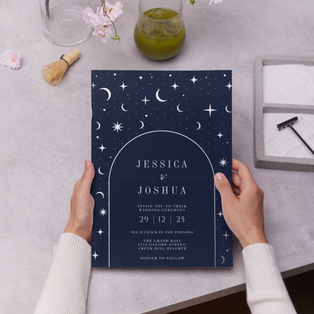 Celestial Navy Arch Frame Star Moon Silver Foil Invitation (Creator Uploaded)