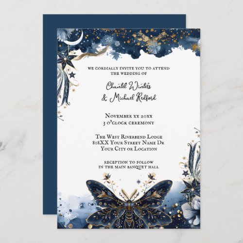 Celestial Navy Blue and Gold Moth Romantic Wedding Invitation