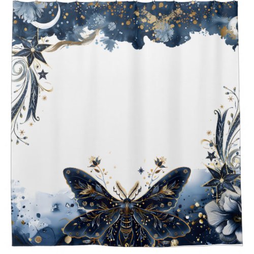 Celestial Navy Blue and Gold Moth Shower Curtain