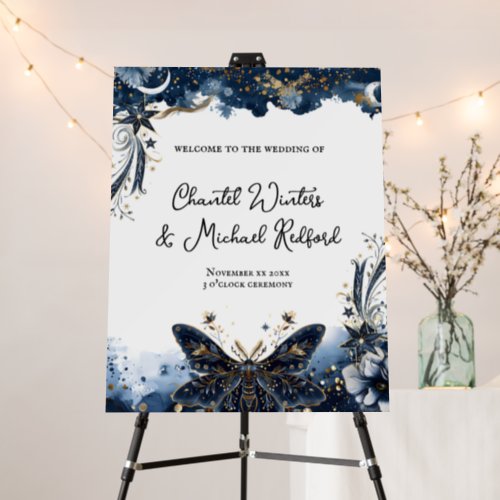 Celestial Navy Blue and Gold Moth Wedding Welcome Foam Board